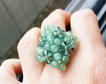 Green aventurine ring with swarovski crystals, pearl ring, gemstone, gift for her, anniversary gift, birthday, handmade, unique, nickel free