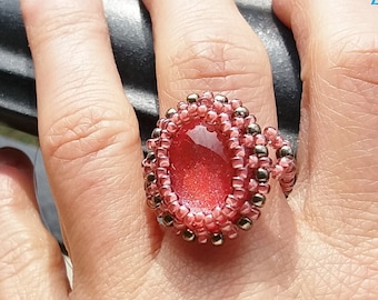 Rosa cabochon Ring handgemaltes Glas, Ring-Set, Geschenk für sie, Geburtstag, einzigartigen handgefertigten Schmuck für sie, nickelfrei