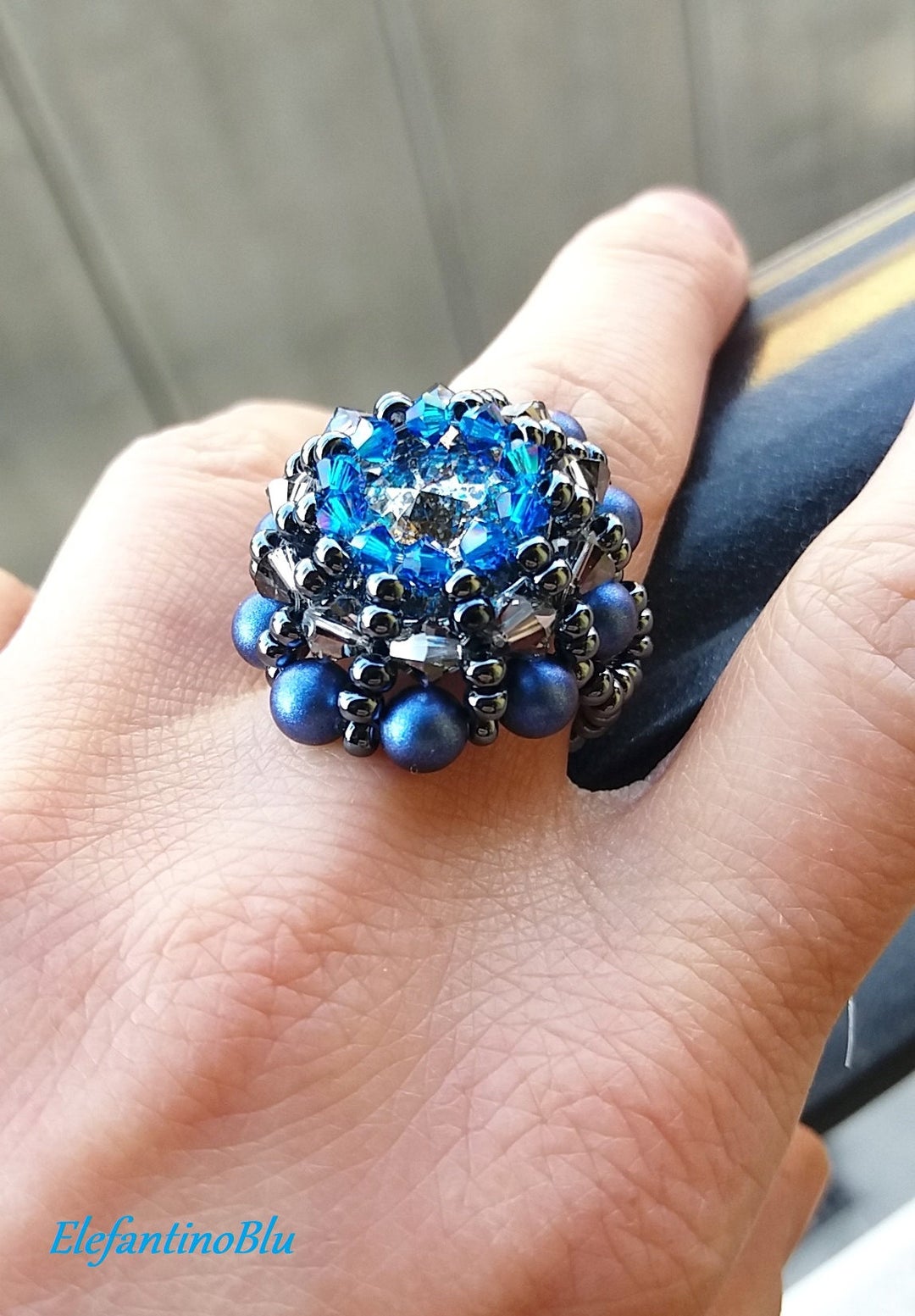 Swarovski Blue Gray Ring, Embedded With Swarovski Pearls and Crystals ...