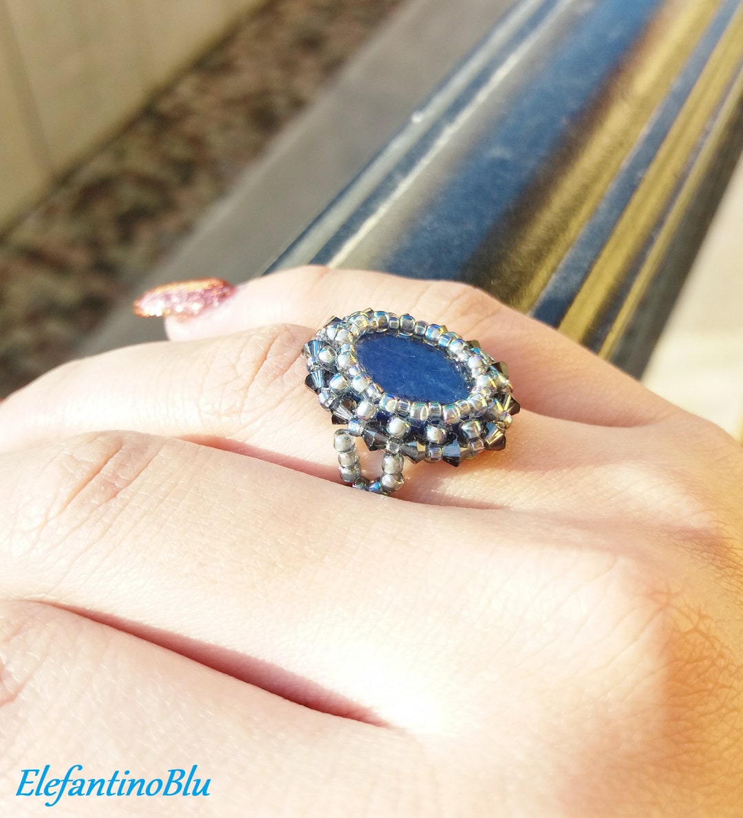 Grey Blue Rings Gray Blue Kyanite Embedded Ring With Swarovski Crystals, Semi-precious ...