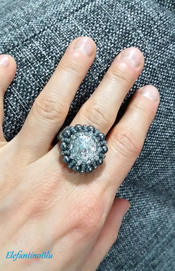 Bague cabochon rivoli avec cristaux et perles de swarovski Bague sertie anniversaire fiancailles unique nickel la main libre de gris Etsy France