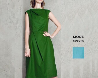 Green cotton dress, assymetric cut dress, flare dress, modern office dress, casual summer dress, plus size summer dress, green weddind dress