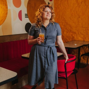 Gray plus size shirtdress, long linen shirtwaist dress, plus size dress, Kate Middleton dress, prom shirt dress, cottagecore dress, boho