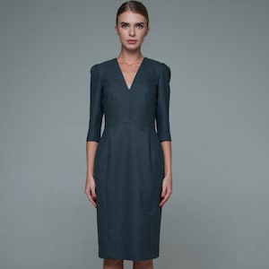 Wool dress, office dress, gray dress, formal dress, business dress, warm dress, evening dress, pencil dress, midi dress, V-neck sheath dress