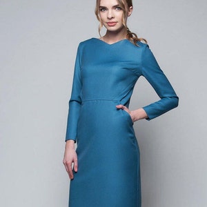 Blue wool dress with pockets, straight fit dress, office dress, V-neck dress, formal dress, cocktail dress, business dress, party dress