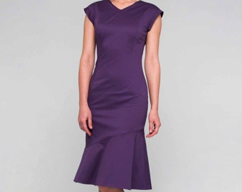 Purple cotton mermaid dress, elegant summer dress, violet evening dress, wedding dress, holiday party dress, glam dress, dress with peplum