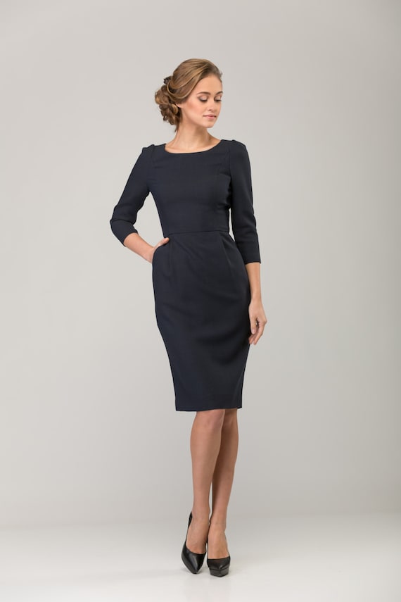 Wool Dress Dark Blue Dress Office Dress Business Dress | Etsy UK