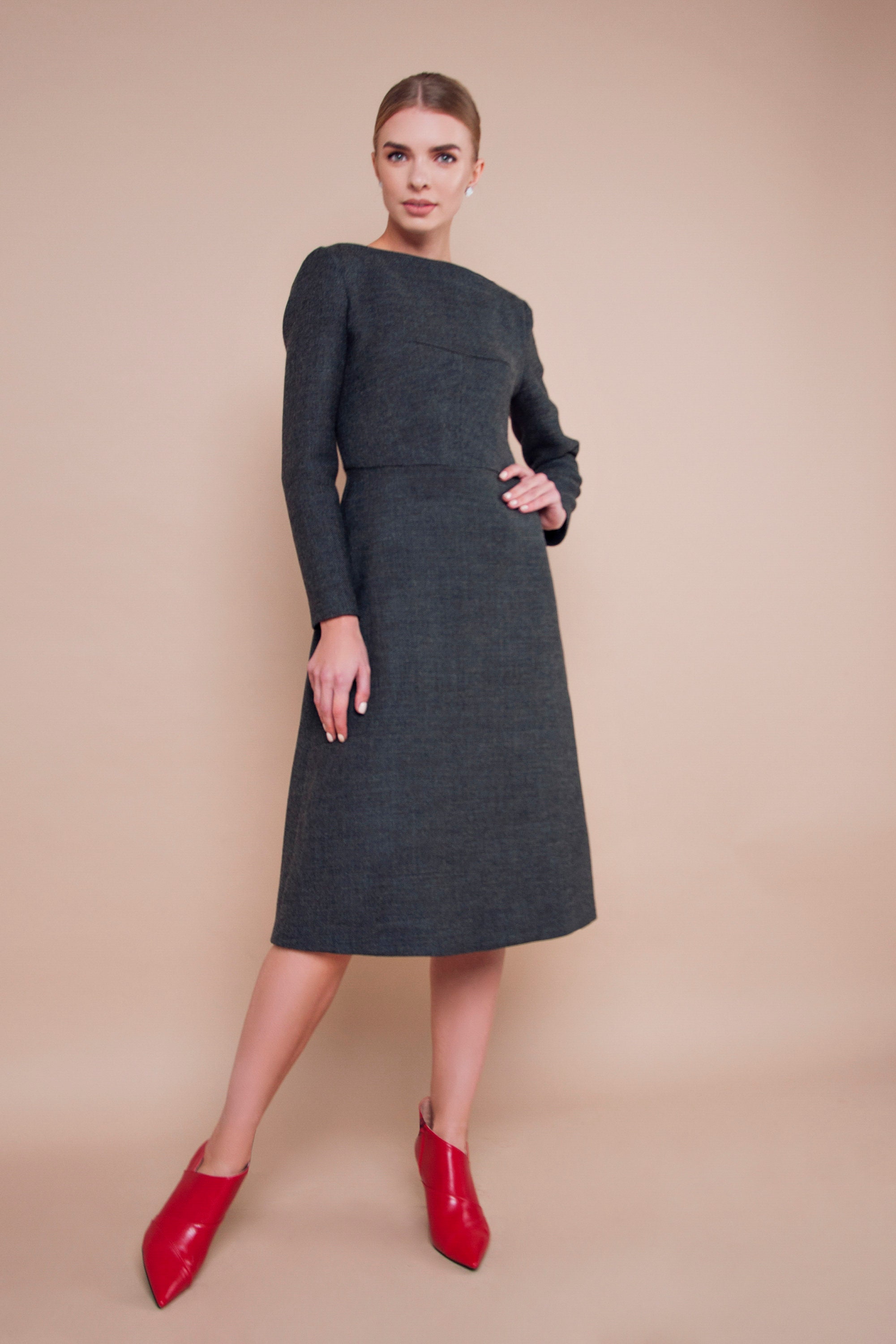 Wool Dress Grey Dress Office Dress Business Dress Fit and Etsy