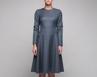 Wool dress, grey laconic dress, office dress, classic business dress, fit and flare dress, winter dress, midi dress, dress for work, ball go