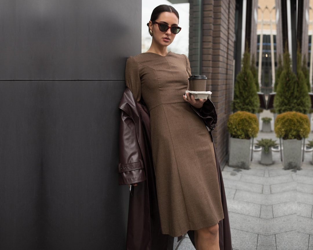 brown dress for work Womens Fall Brown Pocket Dress main image 0
