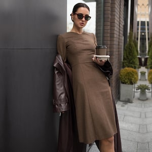 Brown Wool fit and flare dress, office dress, formal dress, dress for work, plus size prom dress, V-neck long dress, guest wedding dress