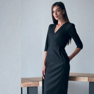 Black wool bridesmaid dress, business dress, warm sheath dress, formal dress, strict dress, boutique dress, cocktail evening dress