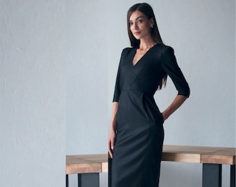 Vestido de dama de honor de lana negra, vestido de negocios, vestido de tubo cálido, vestido formal, vestido estricto, vestido boutique, vestido de noche de cóctel
