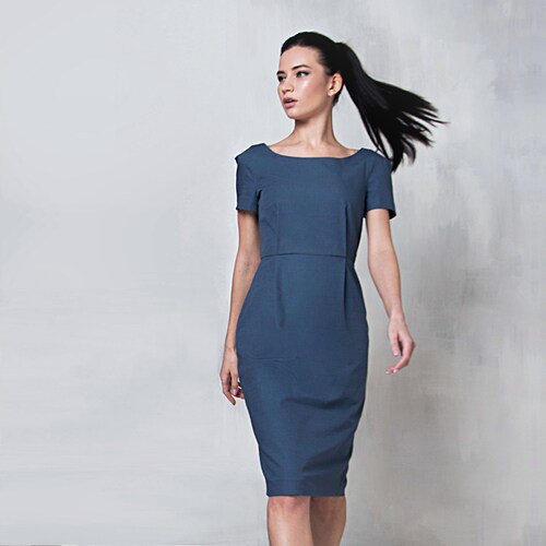slim fit dress slacks Krista Fitted Midi Dress Evening Blue / Standard / 14
