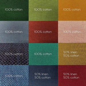 May include: A collage of 12 fabric swatches showing different colors and textures. Each swatch is labeled with its composition, including 100% cotton and 50% linen/50% cotton.