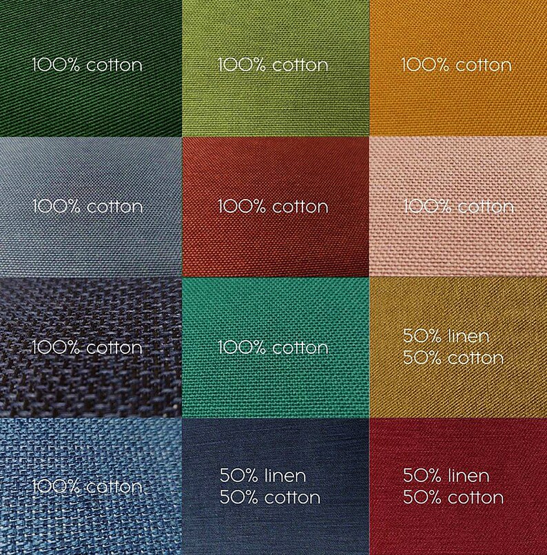 May include: A collage of 12 fabric swatches showing different colors and textures. Each swatch is labeled with its composition, including 100% cotton and 50% linen/50% cotton.