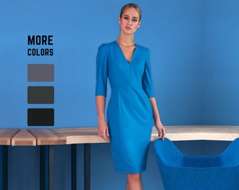 Wool dress, blue dress, office dress, midi prom dress, V-neck dress, work dress, formal dress, cocktail dress, pencil dress, business dress