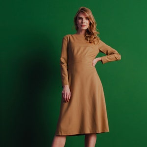 Wool dress, beige dress, office dress, business dress, fit and flare dress, winter dress, warm dress, midi dress, dress for work