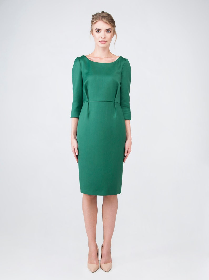 Wool Dress Green Dress Office Dress Business Dress Midi Etsy