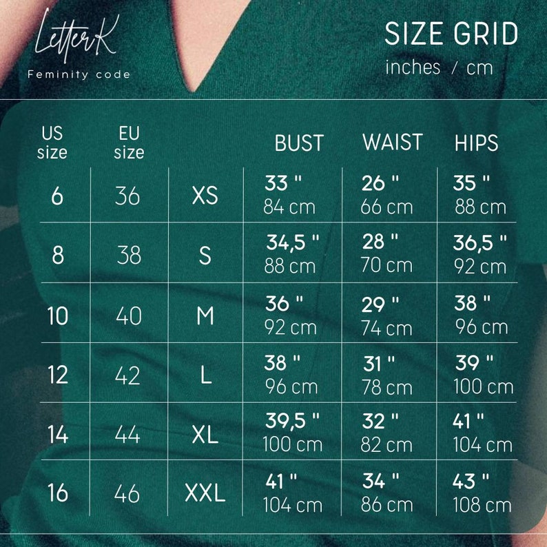 May include: Size chart for clothing in US and EU sizes. The chart shows bust, waist, and hip measurements in inches and centimeters for sizes XS to XXL.