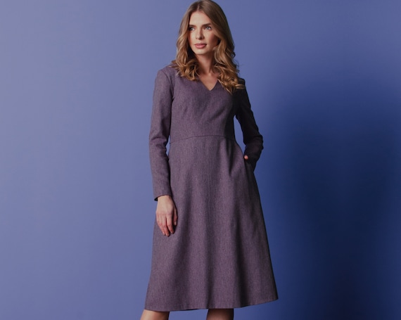 Purple dress, Wool dress, office dress, business dress, midi dress, wedding dress, V-neck dress, fit and flare dress, solemn dress, vintage