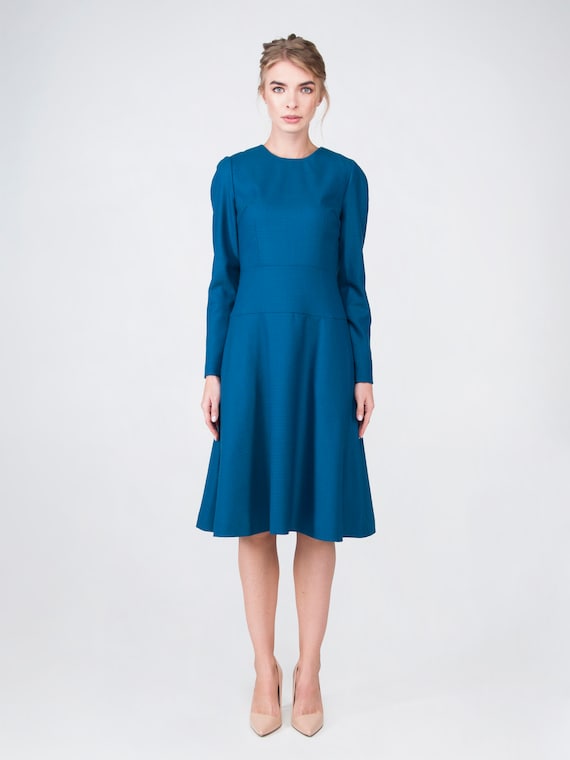Wool Dress Blue Dress Office Dress Midi Dress Warm Dress | Etsy