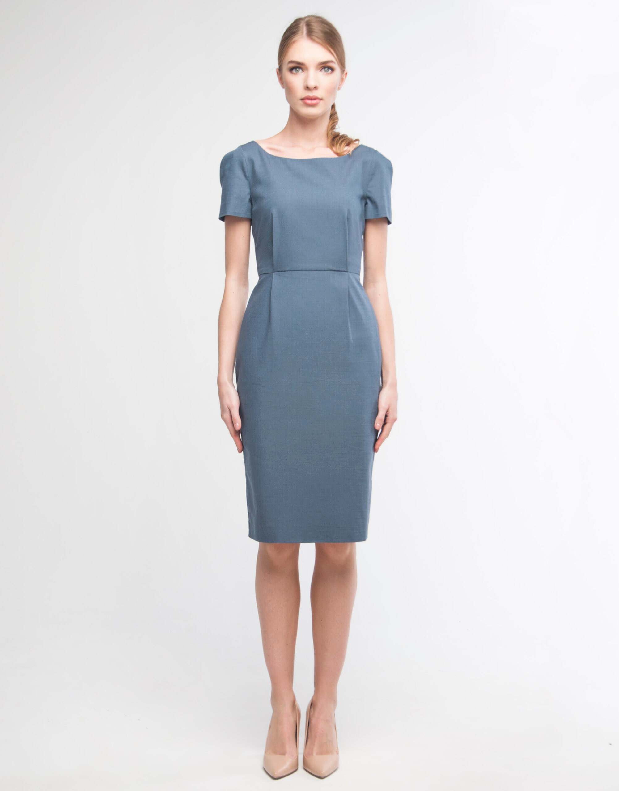 Gray cotton sheath summer dress, summer strict business dress, vintage dress, fitted midi dress, wedding guest dress, Kate Middleton dress