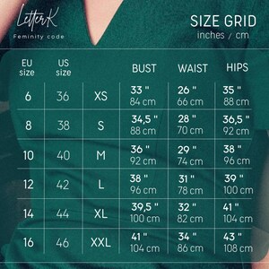 May include: Size chart for clothing in US and EU sizes. The chart shows bust, waist, and hip measurements in inches and centimeters for sizes XS to XXL.