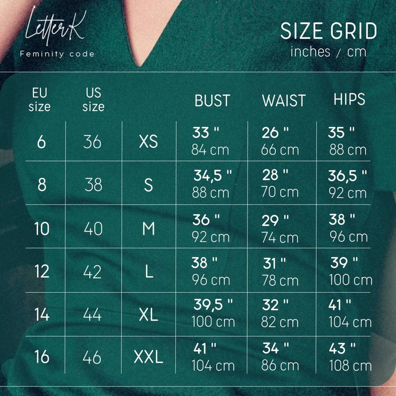May include: Size chart for clothing in US and EU sizes. The chart shows bust, waist, and hip measurements in inches and centimeters for sizes XS to XXL.