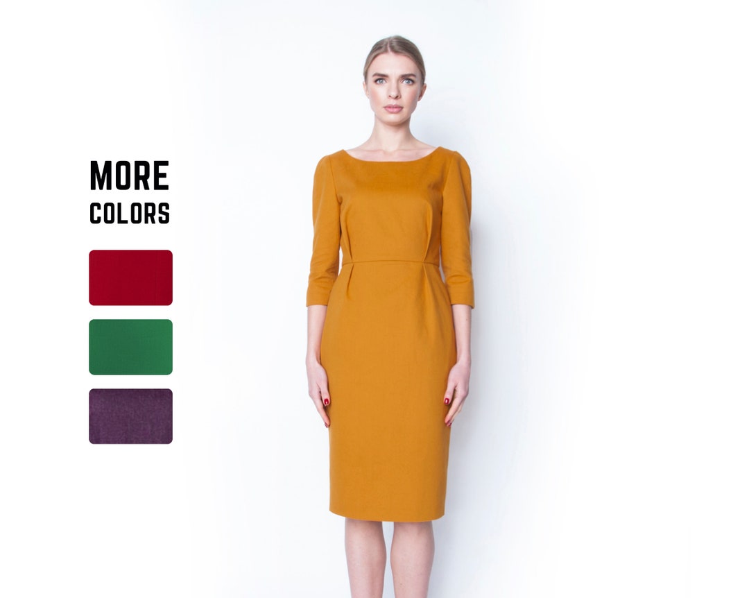 Yellow Cotton Sheath Dress, Yellow Gold Dress, Midi Wedding Dresses