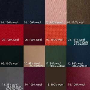 May include: A chart showing 16 different fabric swatches with their corresponding wool, viscose, and elastane percentages. The swatches are arranged in a 4x4 grid.