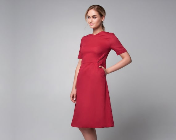 Red Summer Linen Dress, Summer Dress, Cocktail Dress, Party Dress, Business Dress, Marsala Dress, V-Neck Dress, A-Line Dress, Rose Dress