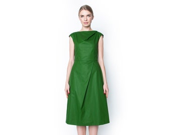 Green cotton dress, assymetric cut dress, flare dress, modern office dress, casual summer dress, plus size summer dress, green weddind dress