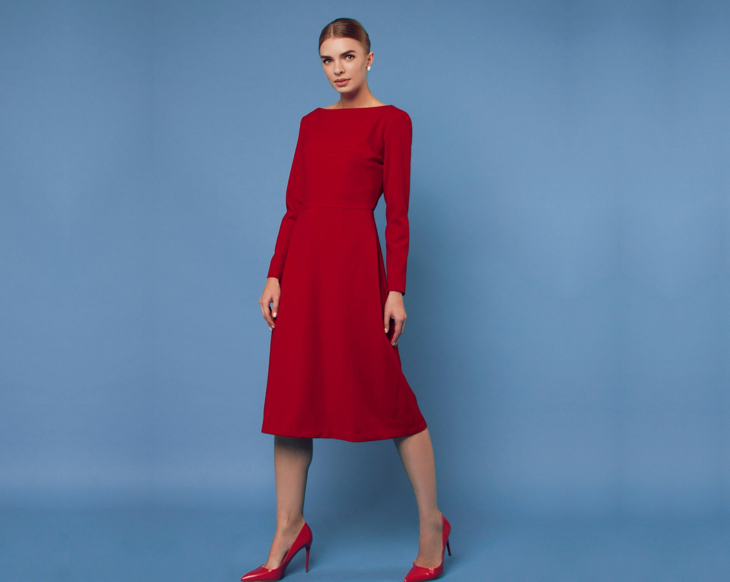 Red Wool A-Line Dress, Office Fit & Flare Winter Warm Midi Elegant Prom Dress Ball Gown, Boho