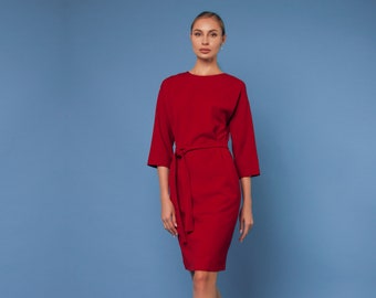 Red tunic dress with a belt, Wool strict dress with a belt, office dress, business dress, winter dress, straight dress, formal dress, boho