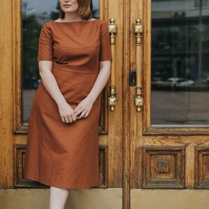 Brown flared dress, linen dress, mustard A-line dress, boat neck midi dress, cotton & linen dress, short sleeve summer dress, boho elegant image 6