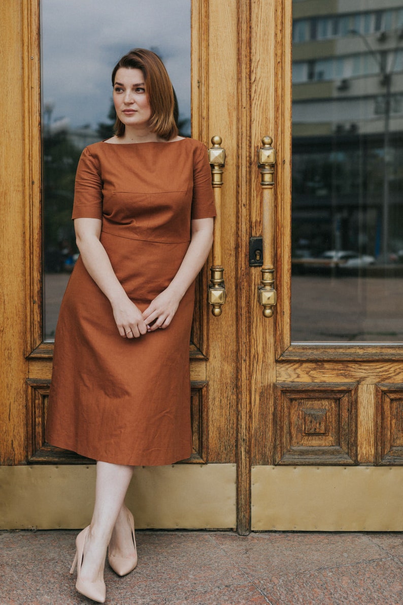 Brown flared dress, linen dress, mustard A-line dress, boat neck midi dress, cotton & linen dress, short sleeve summer dress, boho elegant image 6