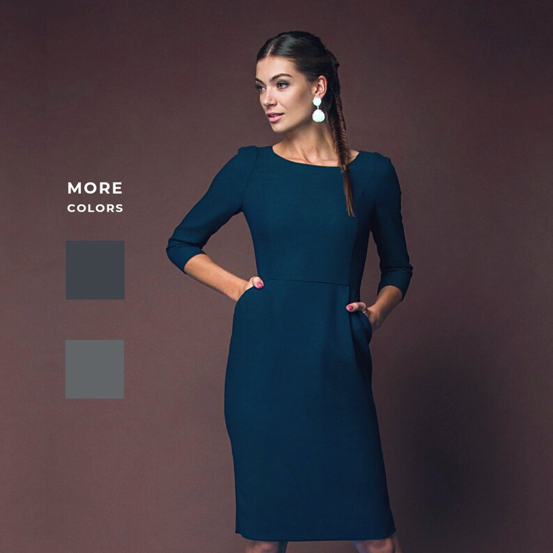 Wool Dress Dark Blue Dress Office Dress Business Dress Etsy