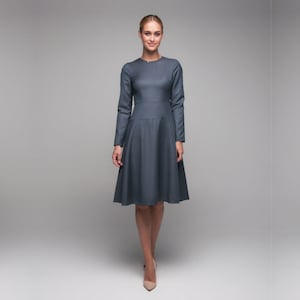 Wool dress, grey laconic dress, office dress, classic business dress, fit and flare dress, winter dress, midi dress, dress for work, ball go