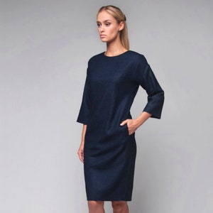 Wool dress, blue dress, office dress, business dress, warm dress, winter dress, straight dress, formal dress, dress with belt, vintage dress