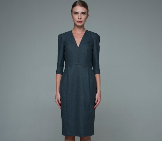 Wool Dress, Office Dress, Gray Dress, Formal Dress, Business Dress, Warm Dress, Evening Dress, Pencil Dress, Midi Dress, V-neck Sheath Dress - Etsy Israel Wool Dress, Office Dress, Gray Dress, Formal Dress, Business Dress, Warm Dress, Evening Dress, Pencil Dress, Midi Dress, V-neck Sheath Dress - Etsy Israel