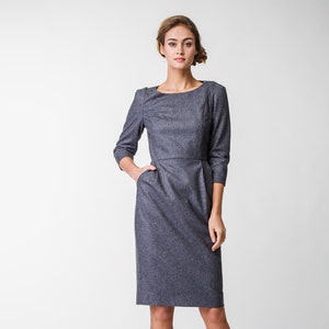 Gray wool pencil dress, warm office dress,  plus size sheath dress, midi dress, formal dress, round neckline dress, sheath dress, goth dress
