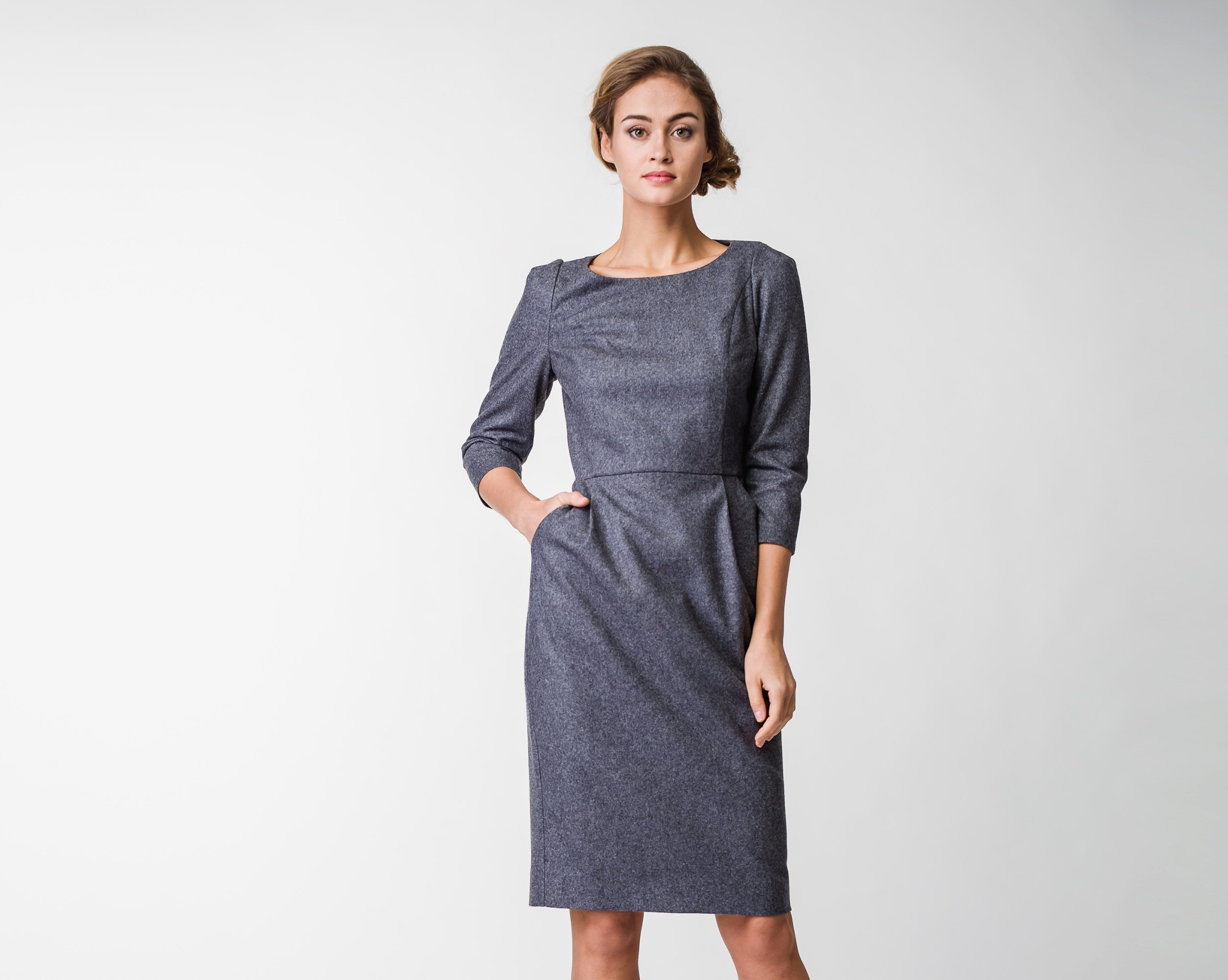 sachin and babi light blue dress Gray Wool Pencil Dress, Warm Office Dress, Plus Size Sheath Dress, Midi Dress, Formal Dress, Round Neckline Dress, Sheath Dress, Goth Dress