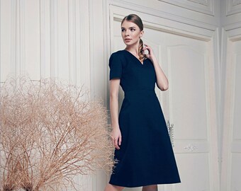 Blue Cotton Flared Dress, V-neck summer dress, navy blue elegant evening gown, plus size prom dress, strict formal dress, ball fairy dress
