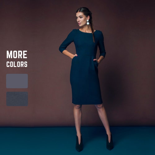 Wool Dress Dark Blue Dress Office Dress Business Dress Etsy