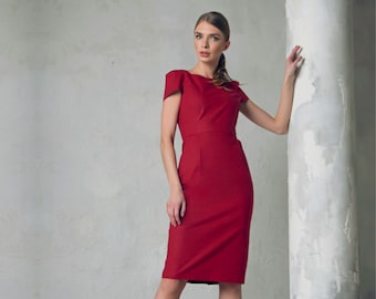 Rotes Baumwoll Etuikleid, Valentinstag romantisches Kleid, plus Größe Abendkleid, elegantes Kleid, Midikleid, Hochzeitsgast Kleid, elegantes Kleid