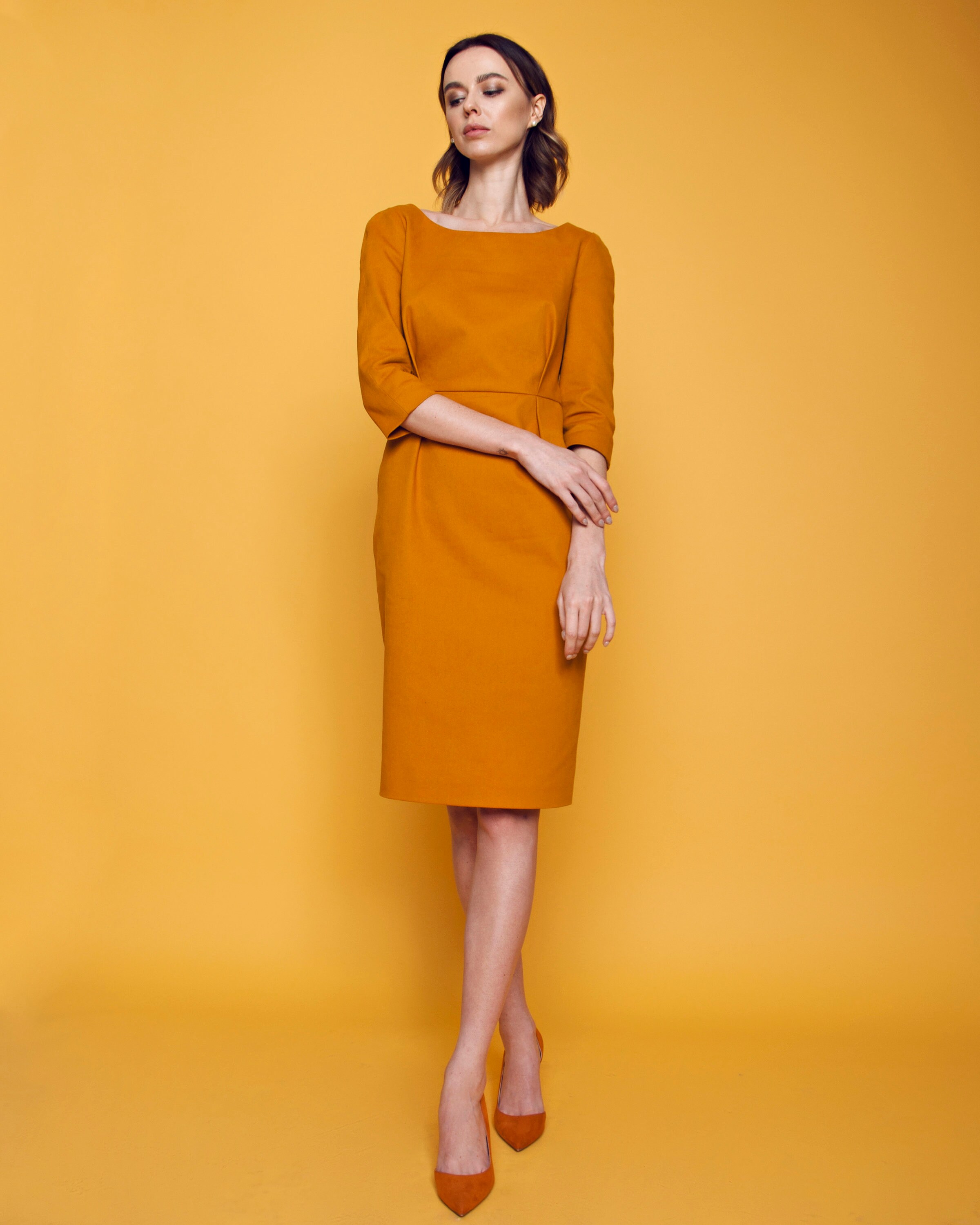 mustard yellow sheath dress Yellow cotton sheath dress, mustard wedding dresses, mustard autumn dress, dress plus size, boutique dress, Vintage dress, Yellow prom dress