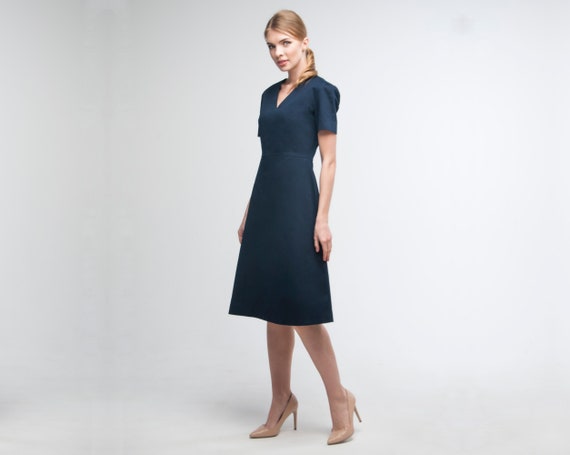 Blue Cotton Flared dress, V-neck summer dress, navy elegant evening gown, plus size prom dress, strict formal dress, simple long dress