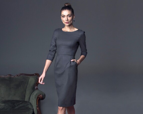 grey wool sheath dress BOSS Dironah Virgin Wool Sheath Dress in Charcoal at Nordstrom, Size 0 main image 1