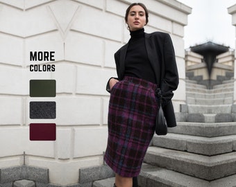 Purple checkered skirt, pencil skirt, wool skirt, brown skirt, winter skirt, purple skirt, midi skirt, business skirt, boho warm wool skirt